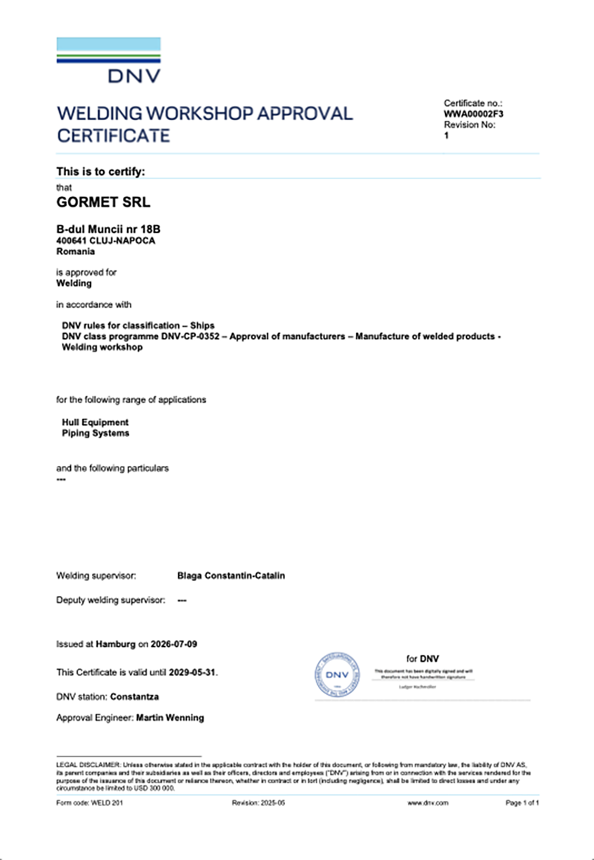 DNV Welding workshop Approval Certificate Gormet SRL